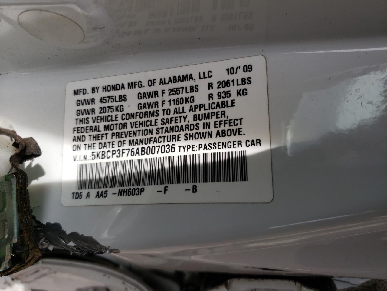 Photo 10 from auction – 2010 HONDA ACCORD EX with VIN 5KBCP3F76AB007036