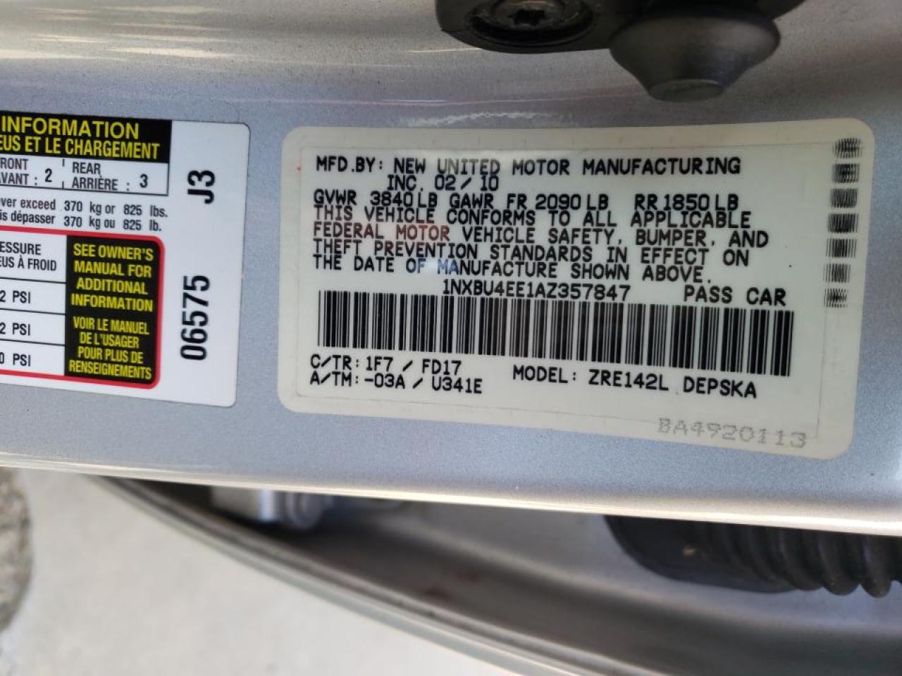 Photo 10 from auction – 2010 TOYOTA COROLLA BA with VIN 1NXBU4EE1AZ357847