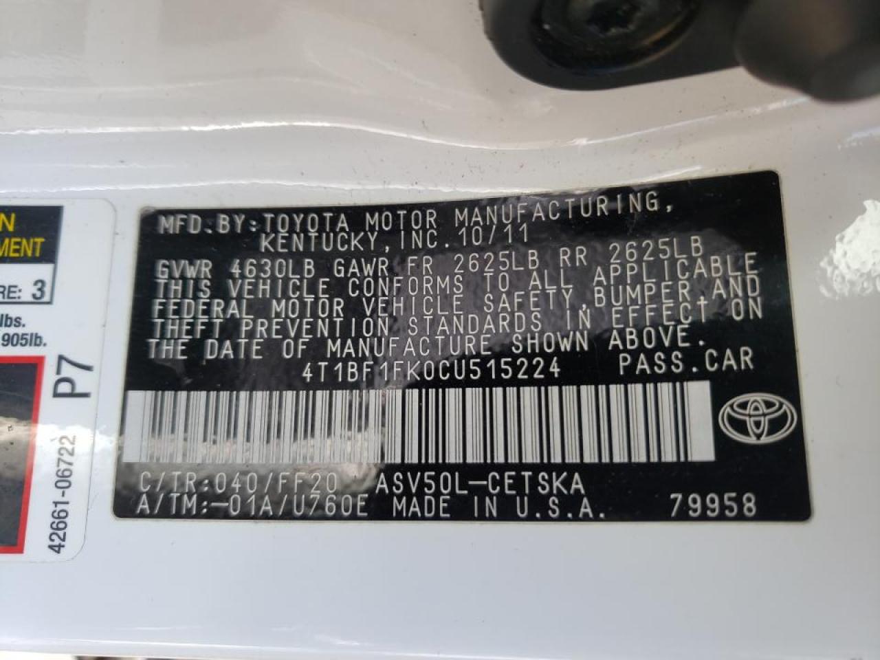 Photo 10 from auction – 2012 TOYOTA CAMRY BASE with VIN 4T1BF1FK0CU515224