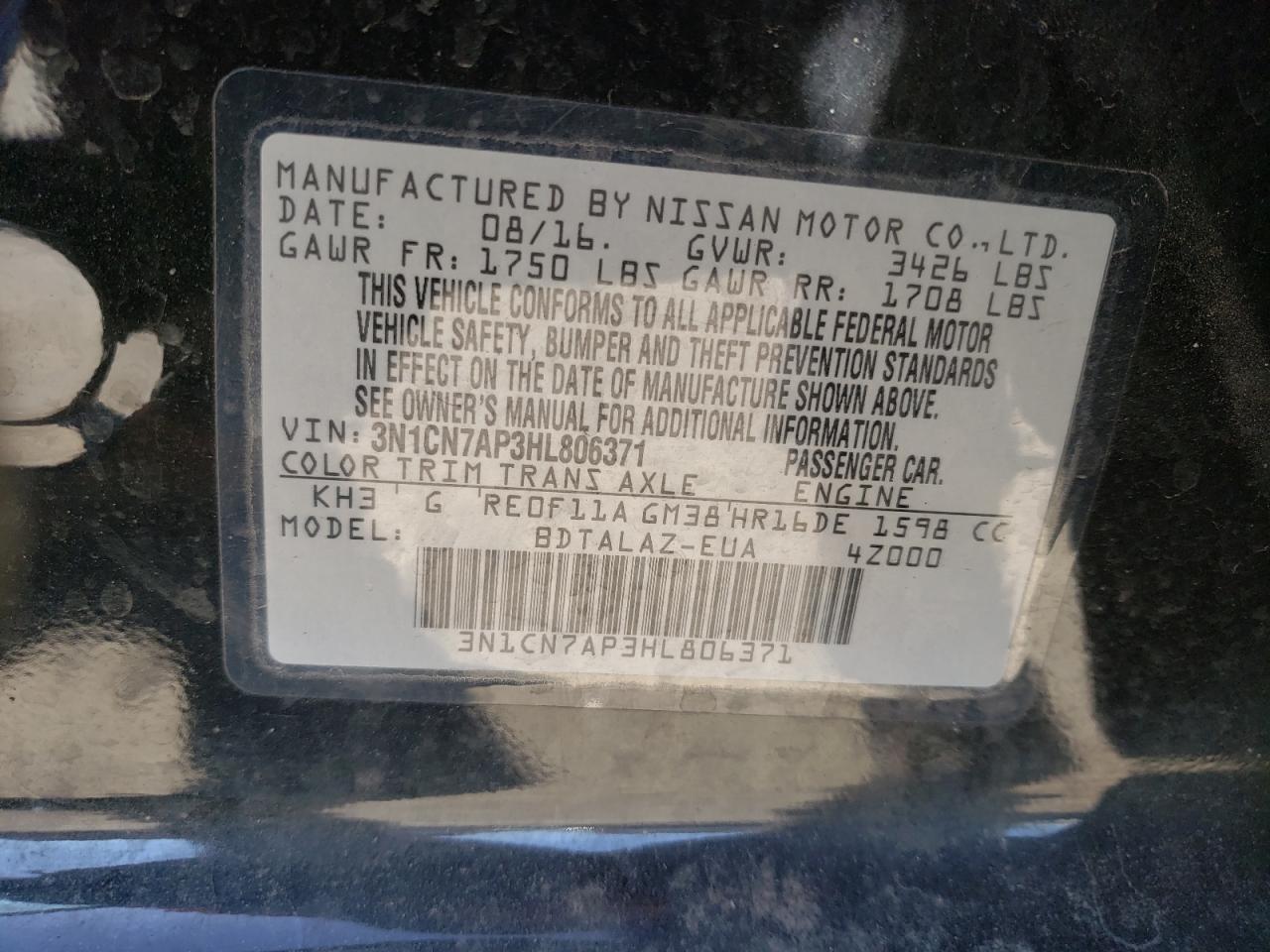 Photo 10 from auction – 2017 NISSAN VERSA S with VIN 3N1CN7AP3HL806371