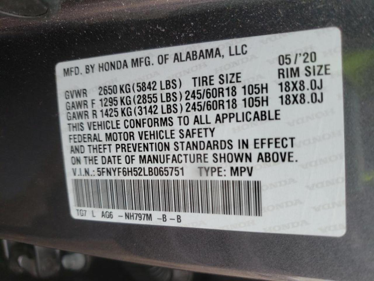 Photo 10 from auction – 2020 HONDA PILOT EXL with VIN 5FNYF6H52LB065751