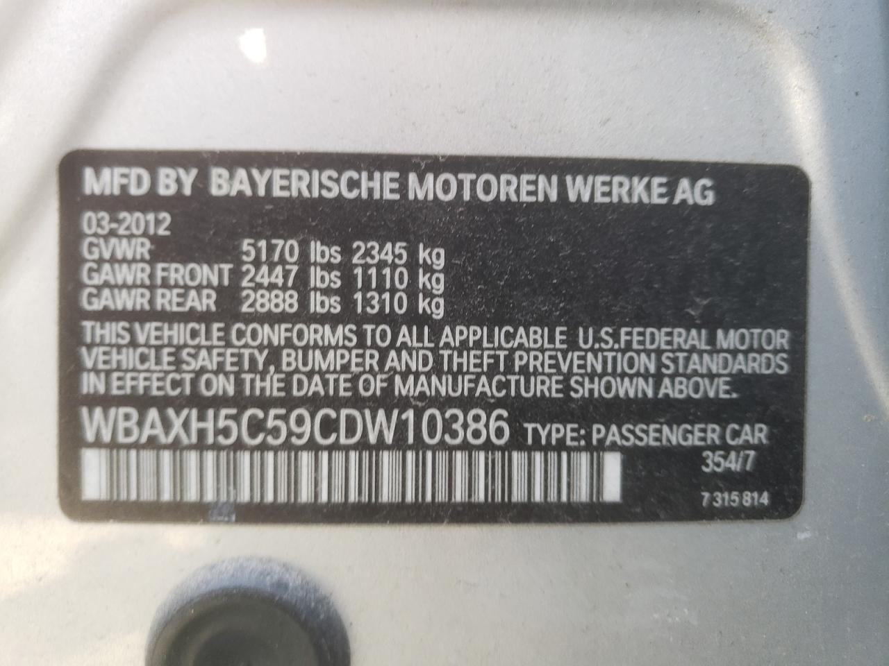 Photo 10 from auction – 2012 BMW 528 XI with VIN WBAXH5C59CDW10386