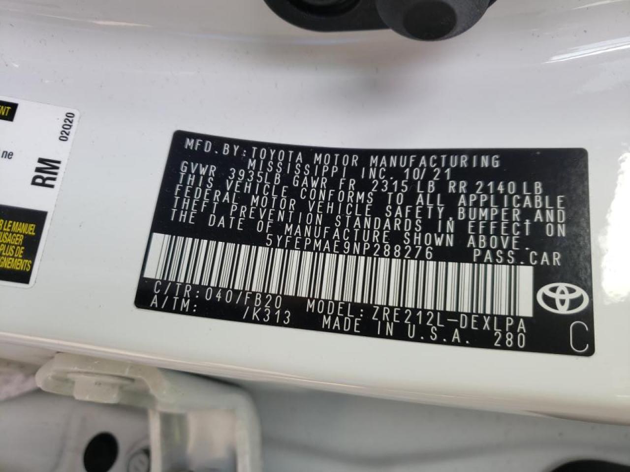 Photo 10 from auction – 2022 TOYOTA COROLLA LE with VIN 5YFEPMAE9NP288276