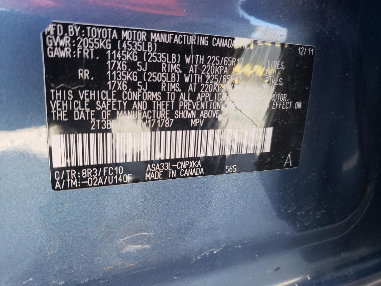 Photo 10 from auction – 2011 TOYOTA RAV4 with VIN 2T3BF4DV4BW171787