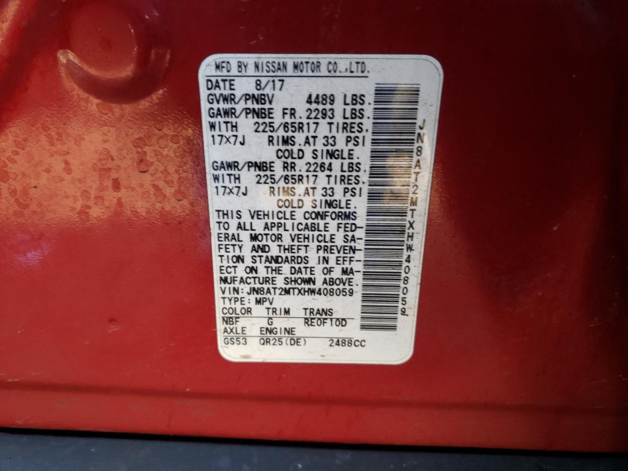 Photo 10 from auction – 2017 NISSAN ROGUE S with VIN JN8AT2MTXHW408059