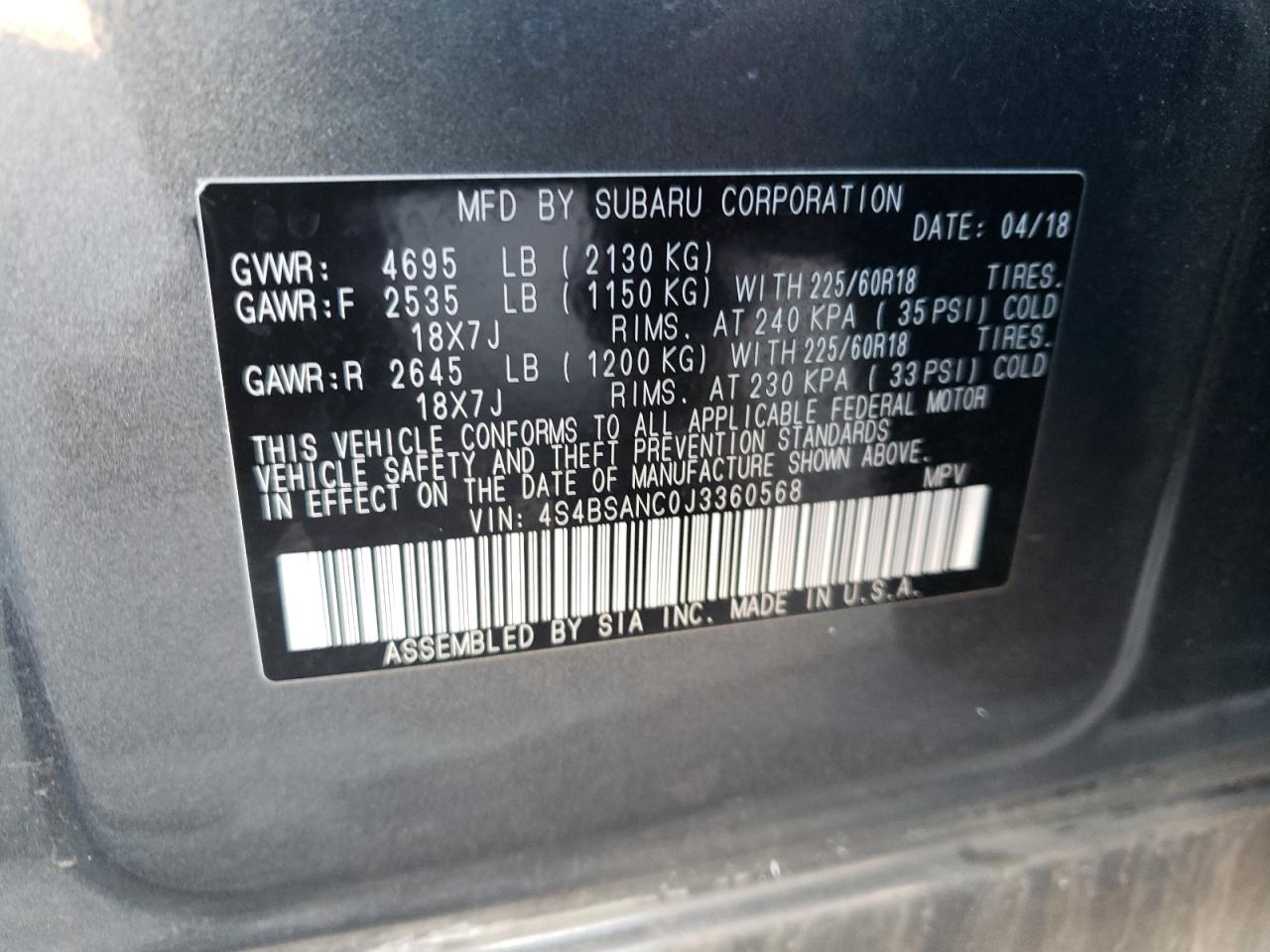 Photo 10 from auction – 2018 SUBARU OUTBACK 2. with VIN 4S4BSANC0J3360568