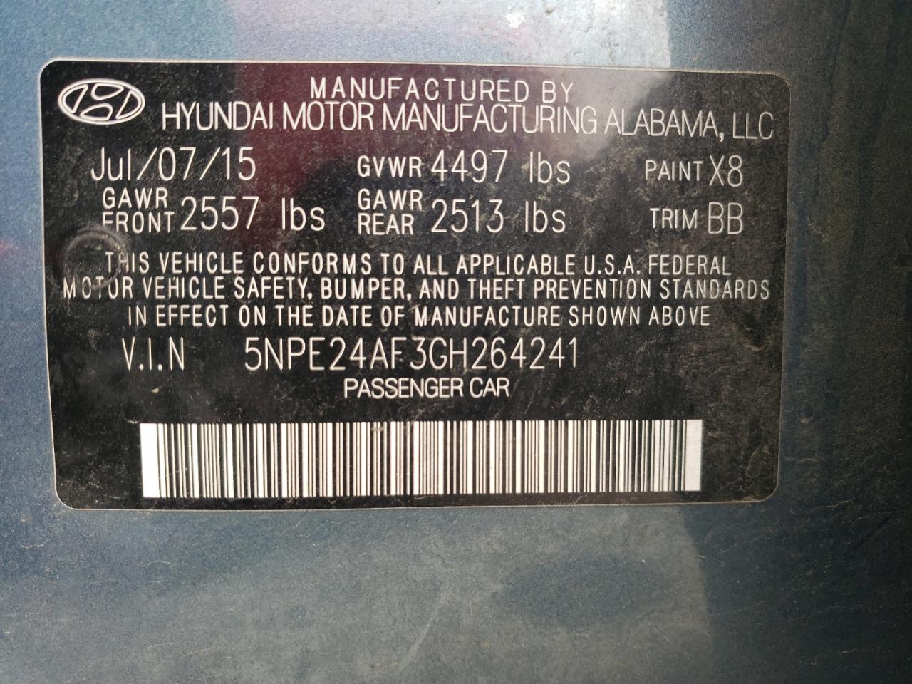 Photo 10 from auction – 2016 HYUNDAI SONATA SE with VIN 5NPE24AF3GH264241
