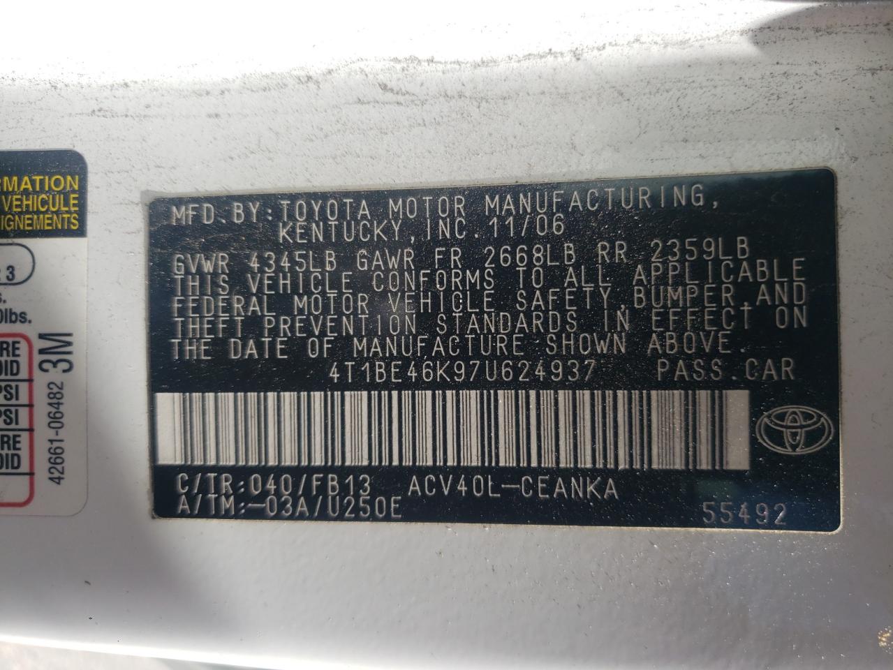 Photo 10 from auction – 2007 TOYOTA CAMRY CE with VIN 4T1BE46K97U624937