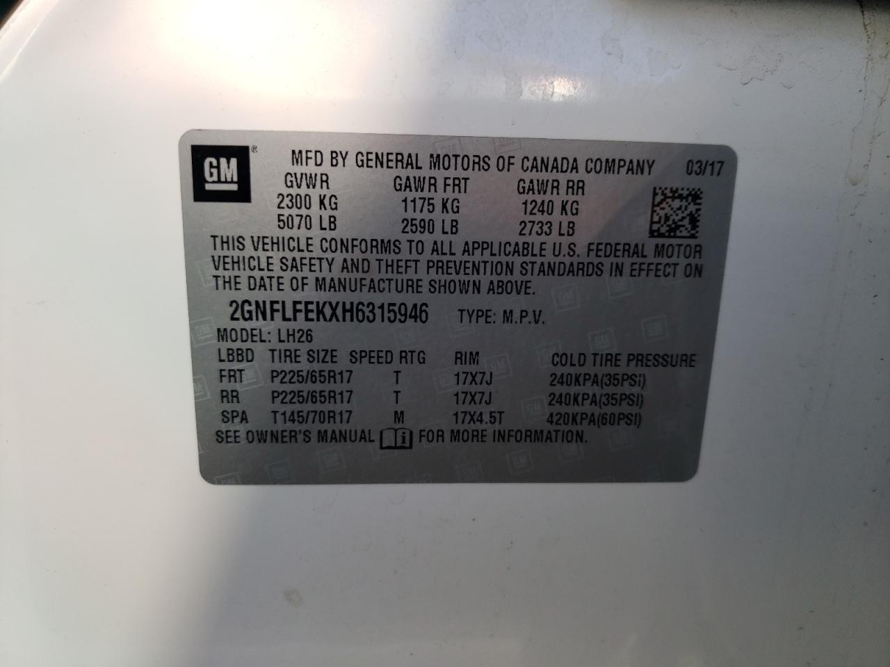 Photo 10 from auction – 2017 CHEVROLET EQUINOX LT with VIN 2GNFLFEKXH6315946