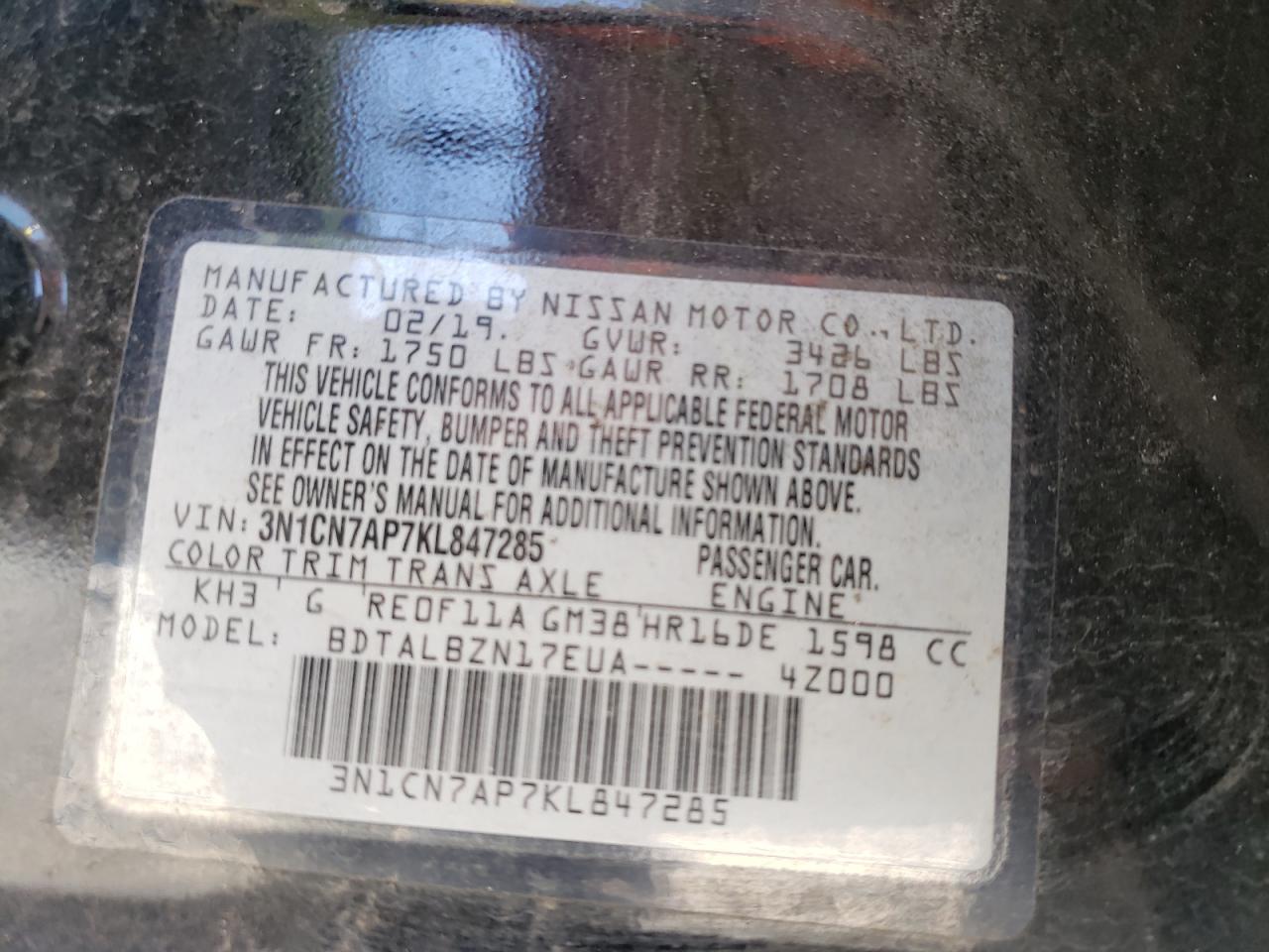 Photo 10 from auction – 2019 NISSAN VERSA S with VIN 3N1CN7AP7KL847285