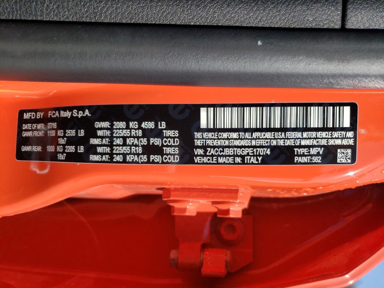 Photo 10 from auction – 2016 JEEP RENEGADE L with VIN ZACCJBBT6GPE17074