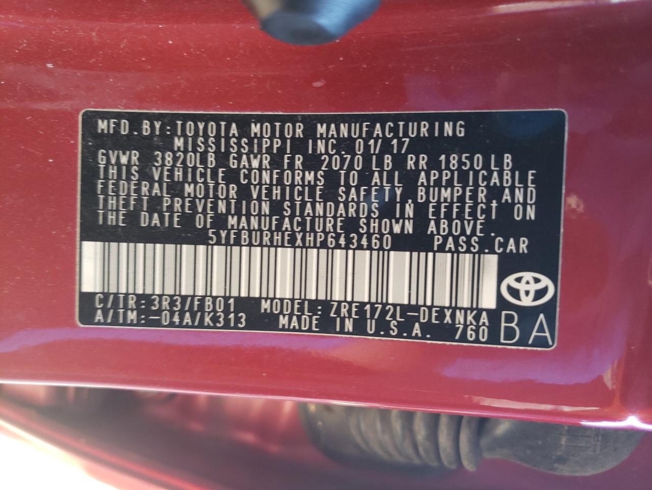 Photo 10 from auction – 2017 TOYOTA COROLLA L with VIN 5YFBURHEXHP643460