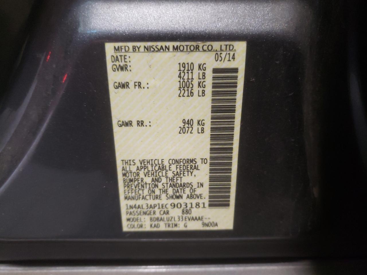 Photo 10 from auction – 2014 NISSAN ALTIMA 2.5 with VIN 1N4AL3AP1EC903181