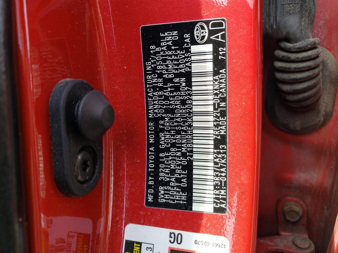 Photo 10 from auction – 2019 TOYOTA COROLLA L with VIN 2T1BURHE3KC208237