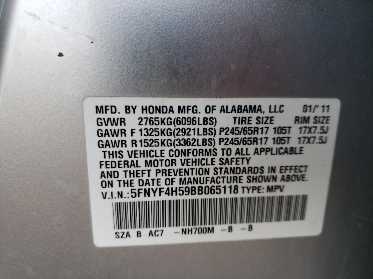 Photo 10 from auction – 2011 HONDA PILOT EXL with VIN 5FNYF4H59BB065118