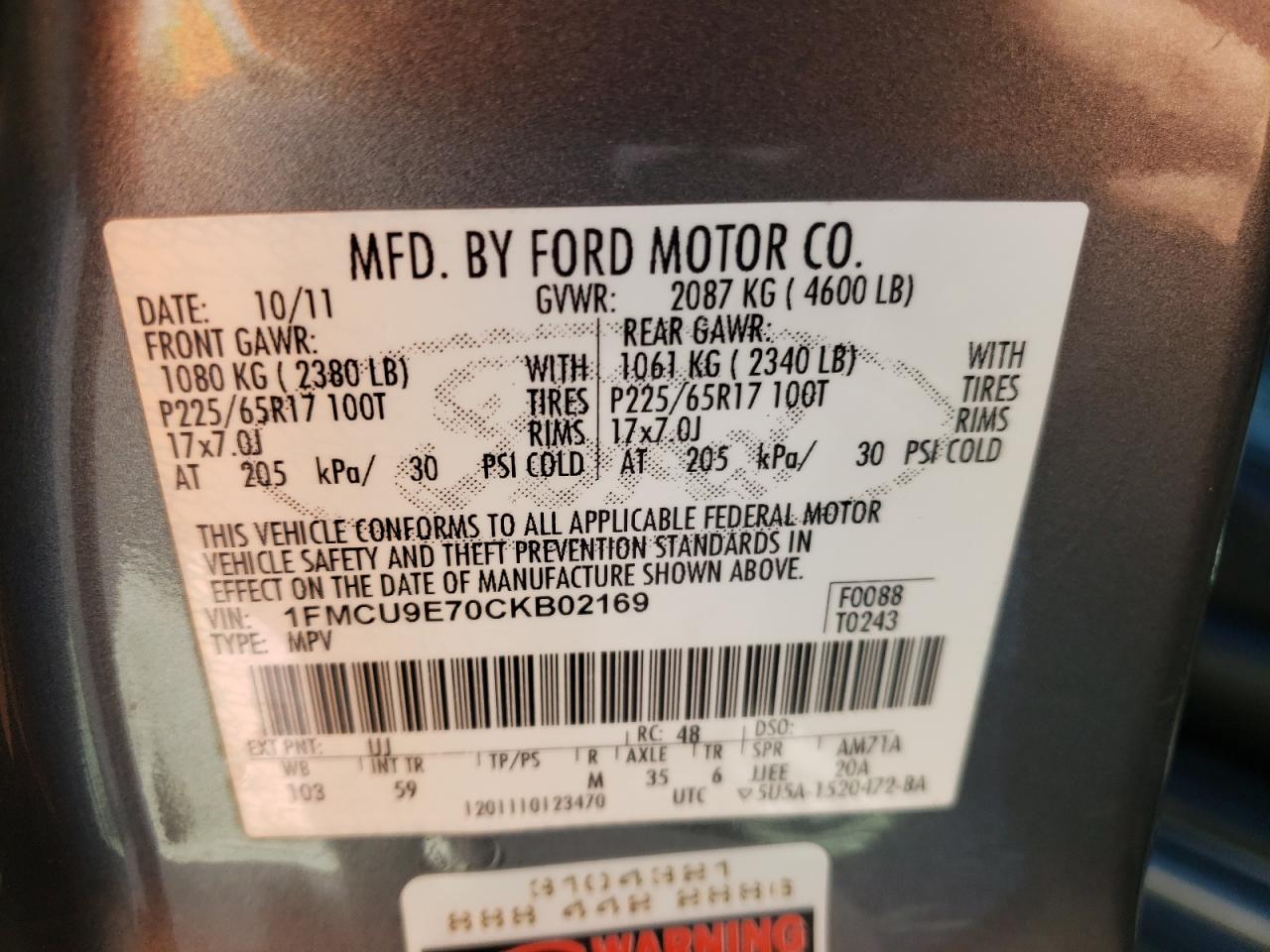 Photo 10 from auction – 2012 FORD ESCAPE LIM with VIN 1FMCU9E70CKB02169