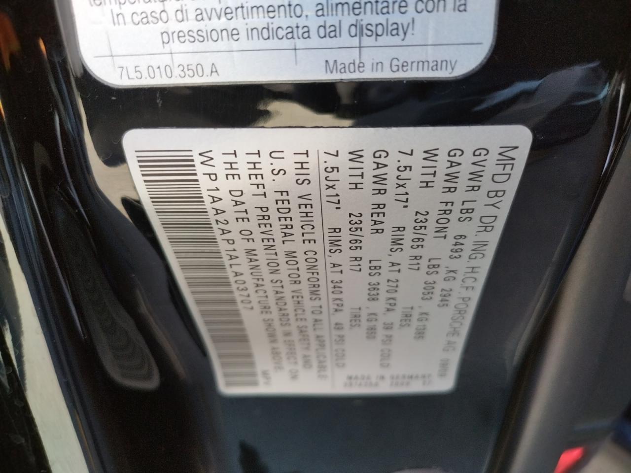 Photo 10 from auction – 2010 PORSCHE CAYENNE with VIN WP1AA2AP1ALA03707