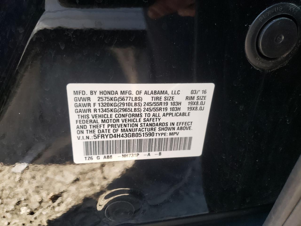 Photo 10 from auction – 2016 ACURA MDX TECHNO with VIN 5FRYD4H43GB051590