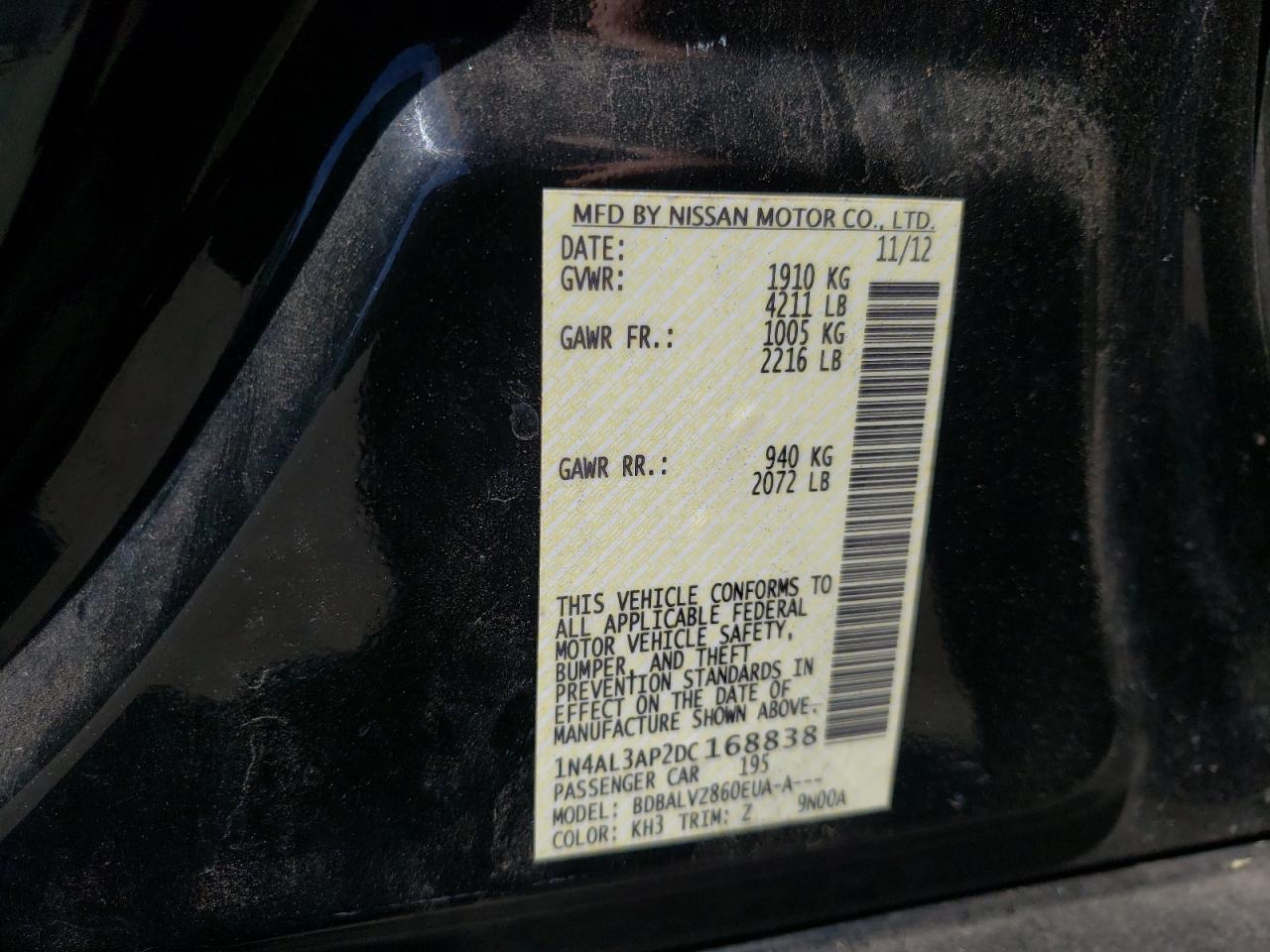Photo 10 from auction – 2013 NISSAN ALTIMA 2.5 with VIN 1N4AL3AP2DC168838