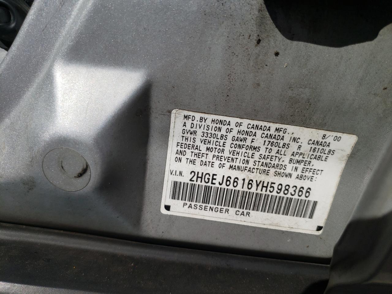 Photo 10 from auction – 2000 HONDA CIVIC BASE with VIN 2HGEJ6616YH598366