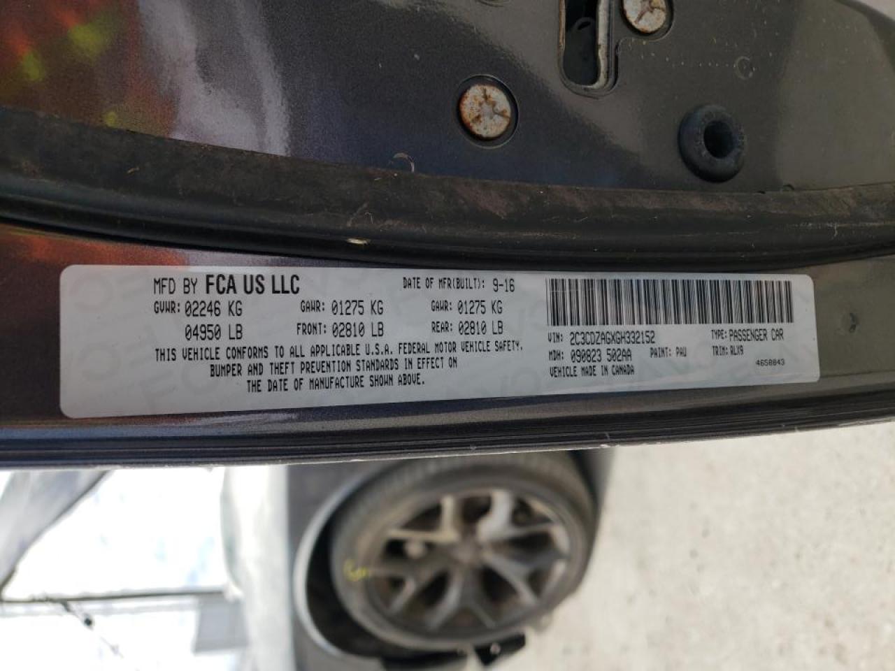 Photo 10 from auction – 2016 DODGE CHALLENGER with VIN 2C3CDZAGXGH332152