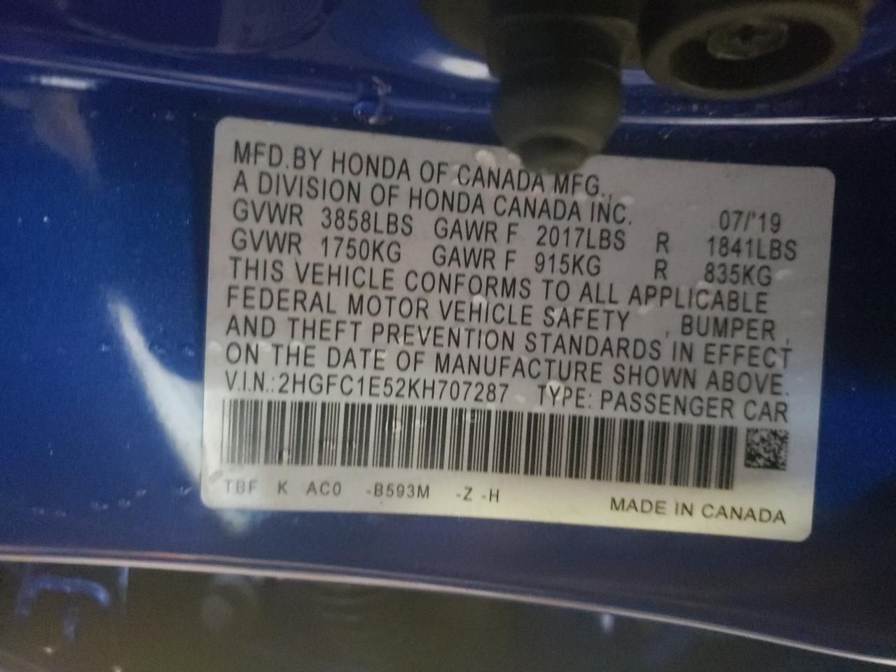 Photo 10 from auction – 2019 HONDA CIVIC SI with VIN 2HGFC1E52KH707287