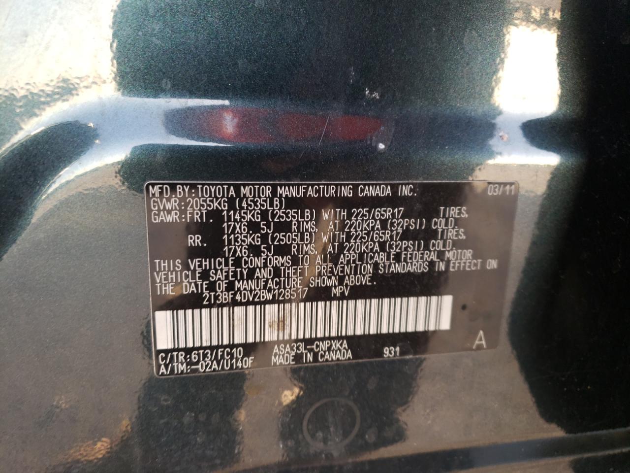 Photo 10 from auction – 2011 TOYOTA RAV4 with VIN 2T3BF4DV2BW128517