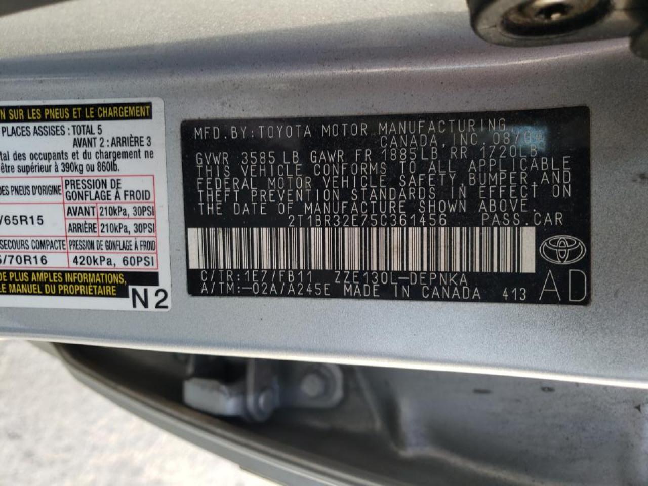 Foto 10 de la subasta – 2005 TOYOTA COROLLA CE con VIN 2T1BR32E75C361456