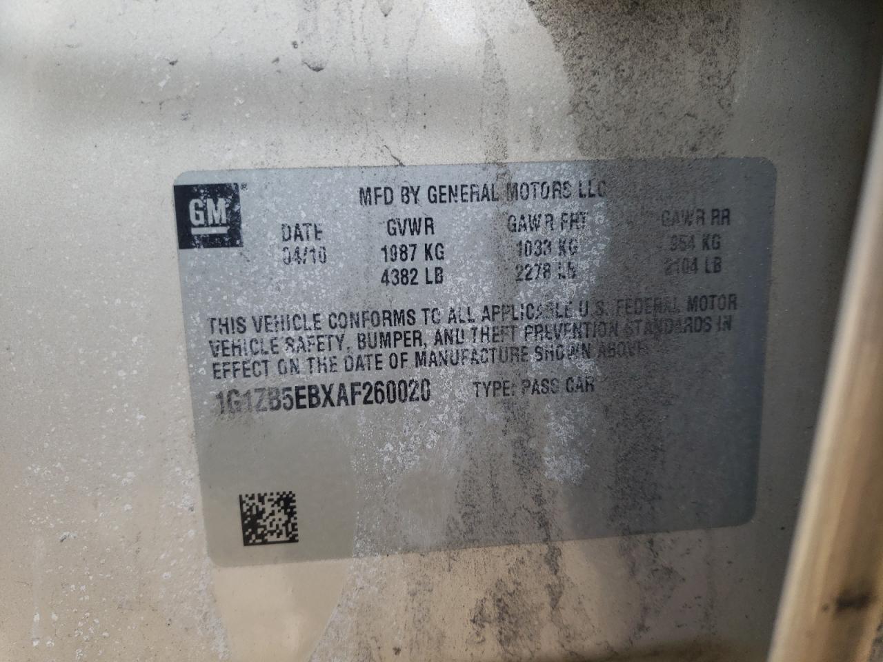Photo 10 from auction – 2010 CHEVROLET MALIBU LS with VIN 1G1ZB5EBXAF260020