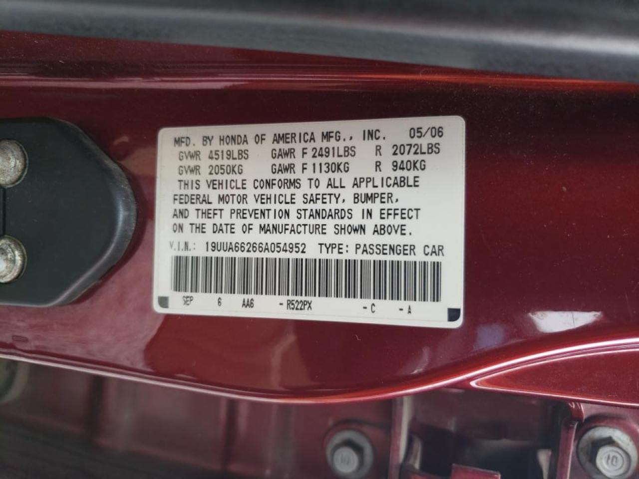 Photo 10 from auction – 2006 ACURA 3.2TL with VIN 19UUA66266A054952