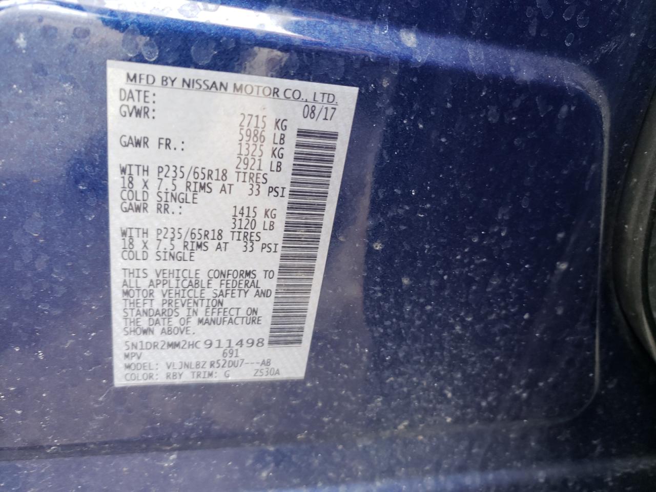 Photo 10 from auction – 2017 NISSAN PATHFINDER with VIN 5N1DR2MM2HC911498