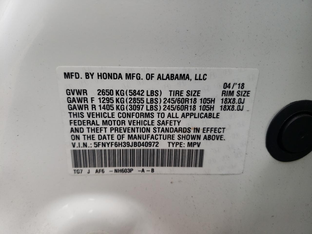 Photo 10 from auction – 2018 HONDA PILOT EX with VIN 5FNYF6H39JB040972