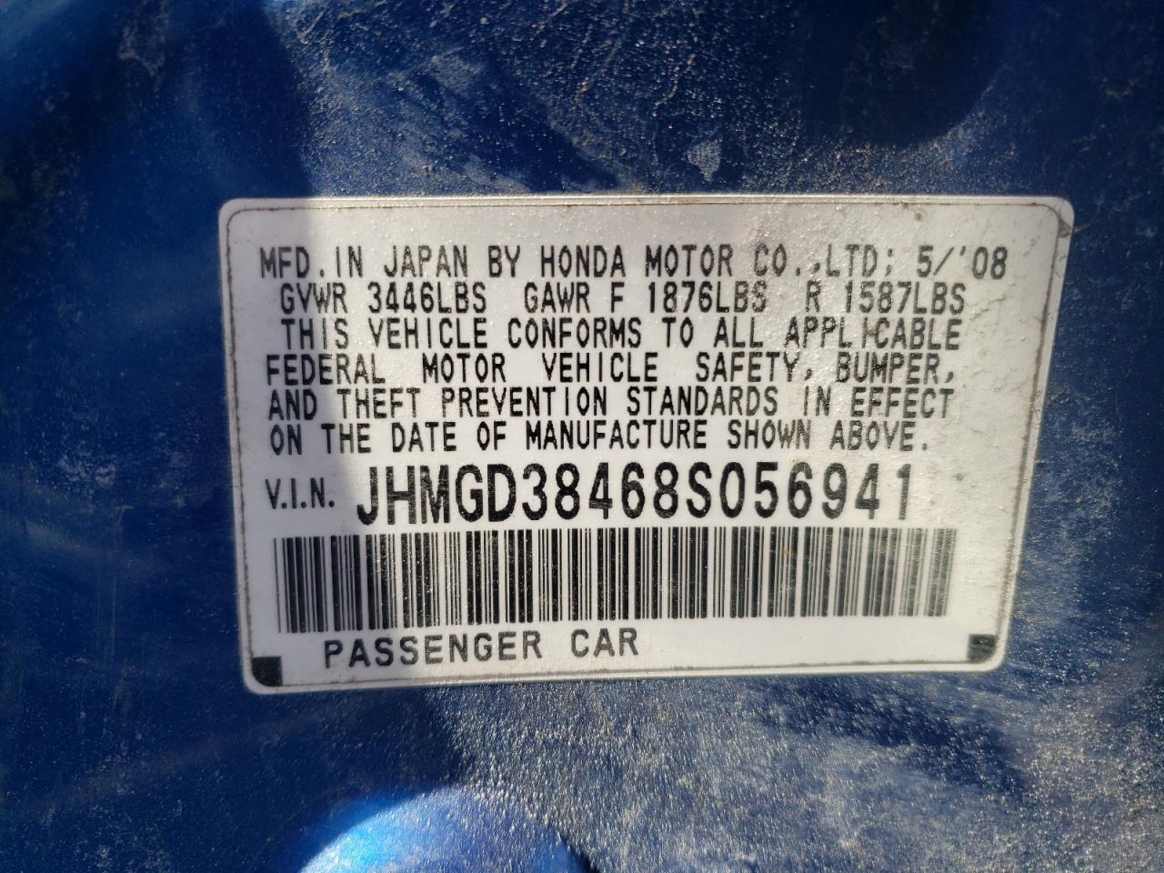 Photo 10 from auction – 2008 HONDA FIT with VIN JHMGD38468S056941