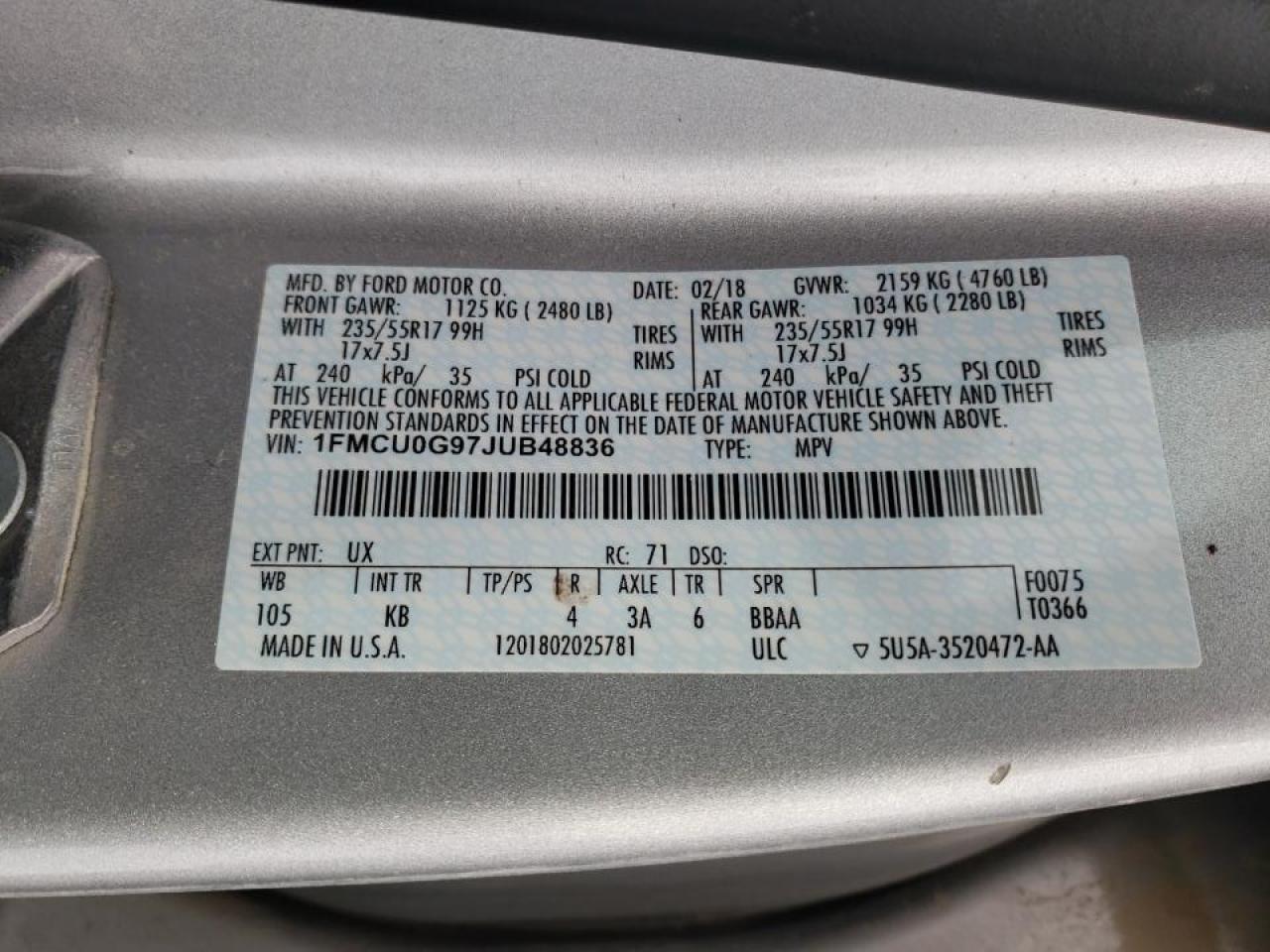 Photo 10 from auction – 2018 FORD ESCAPE SE with VIN 1FMCU0G97JUB48836