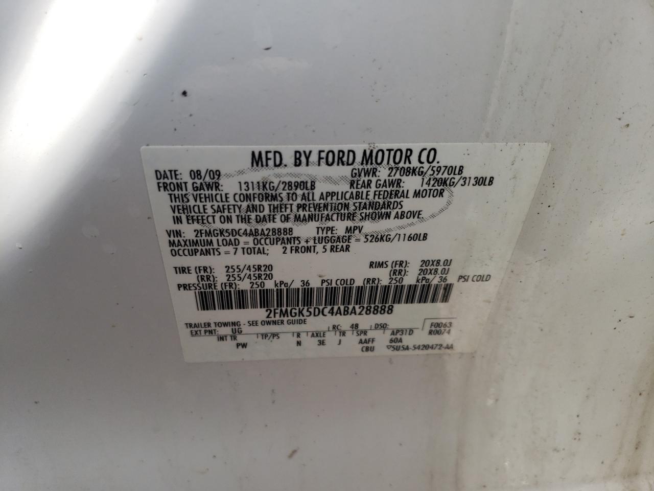 Photo 10 from auction – 2010 FORD FLEX LIMIT with VIN 2FMGK5DC4ABA28888