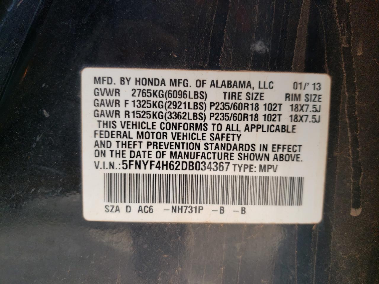 Photo 10 from auction – 2013 HONDA PILOT EXL with VIN 5FNYF4H62DB034367