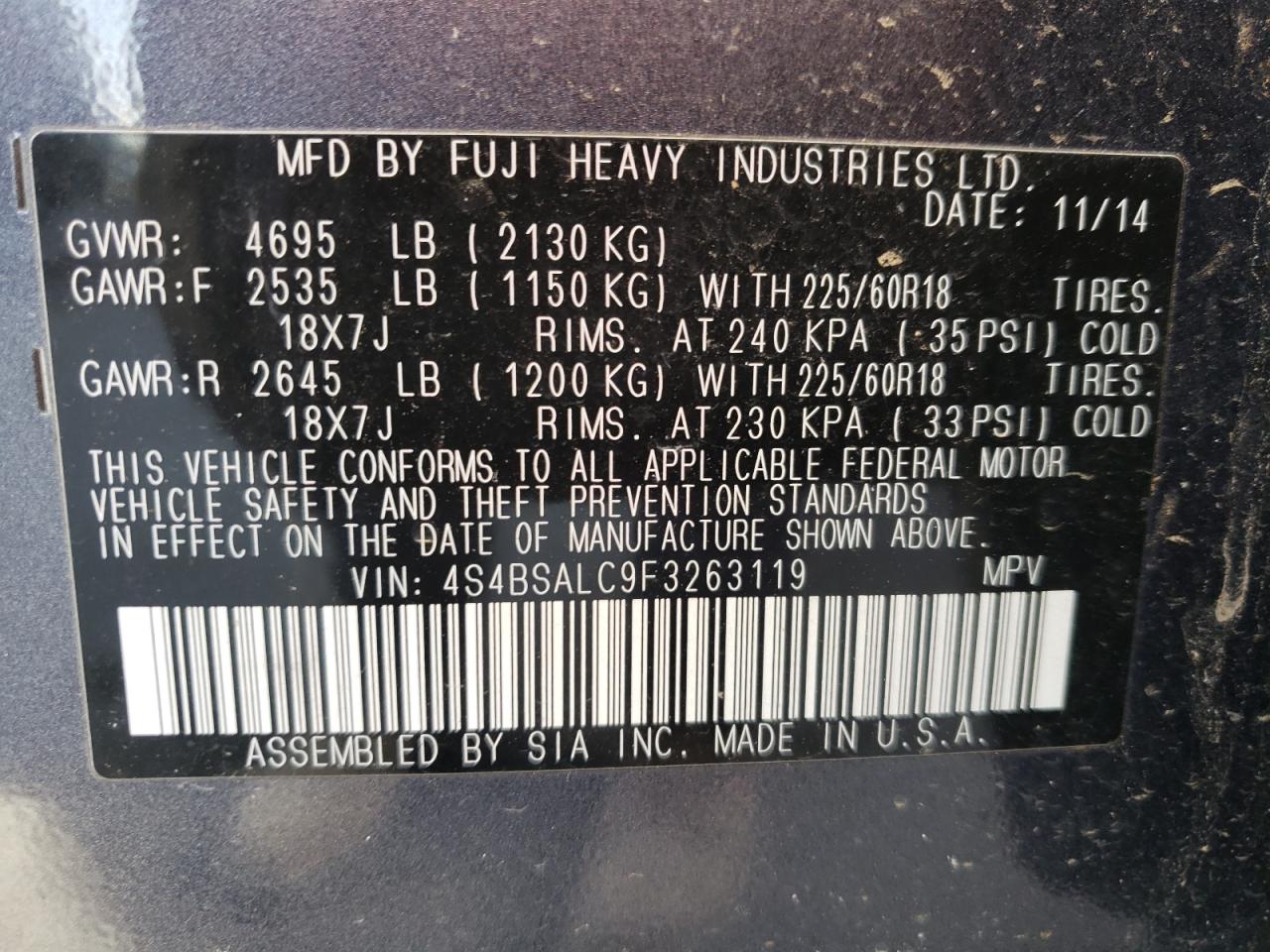 Photo 10 from auction – 2015 SUBARU OUTBACK 2. with VIN 4S4BSALC9F3263119