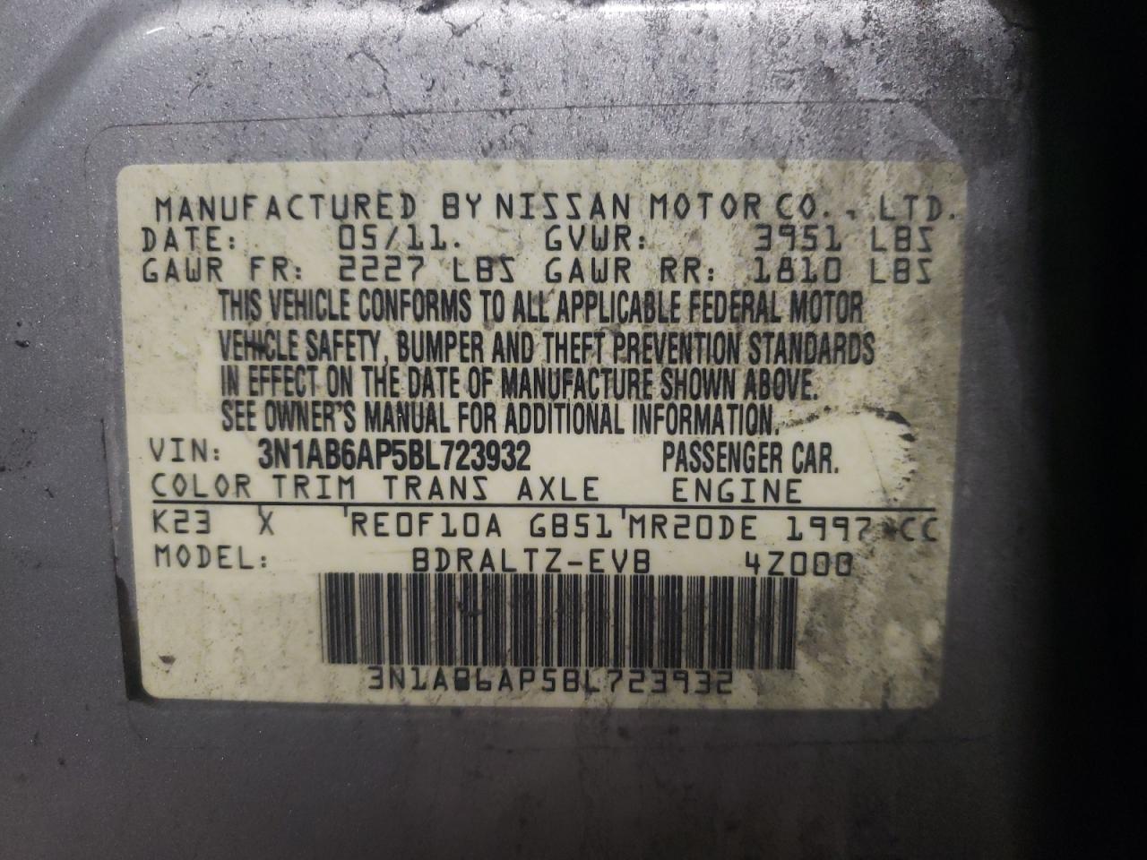 Photo 10 from auction – 2011 NISSAN SENTRA 2.0 with VIN 3N1AB6AP5BL723932