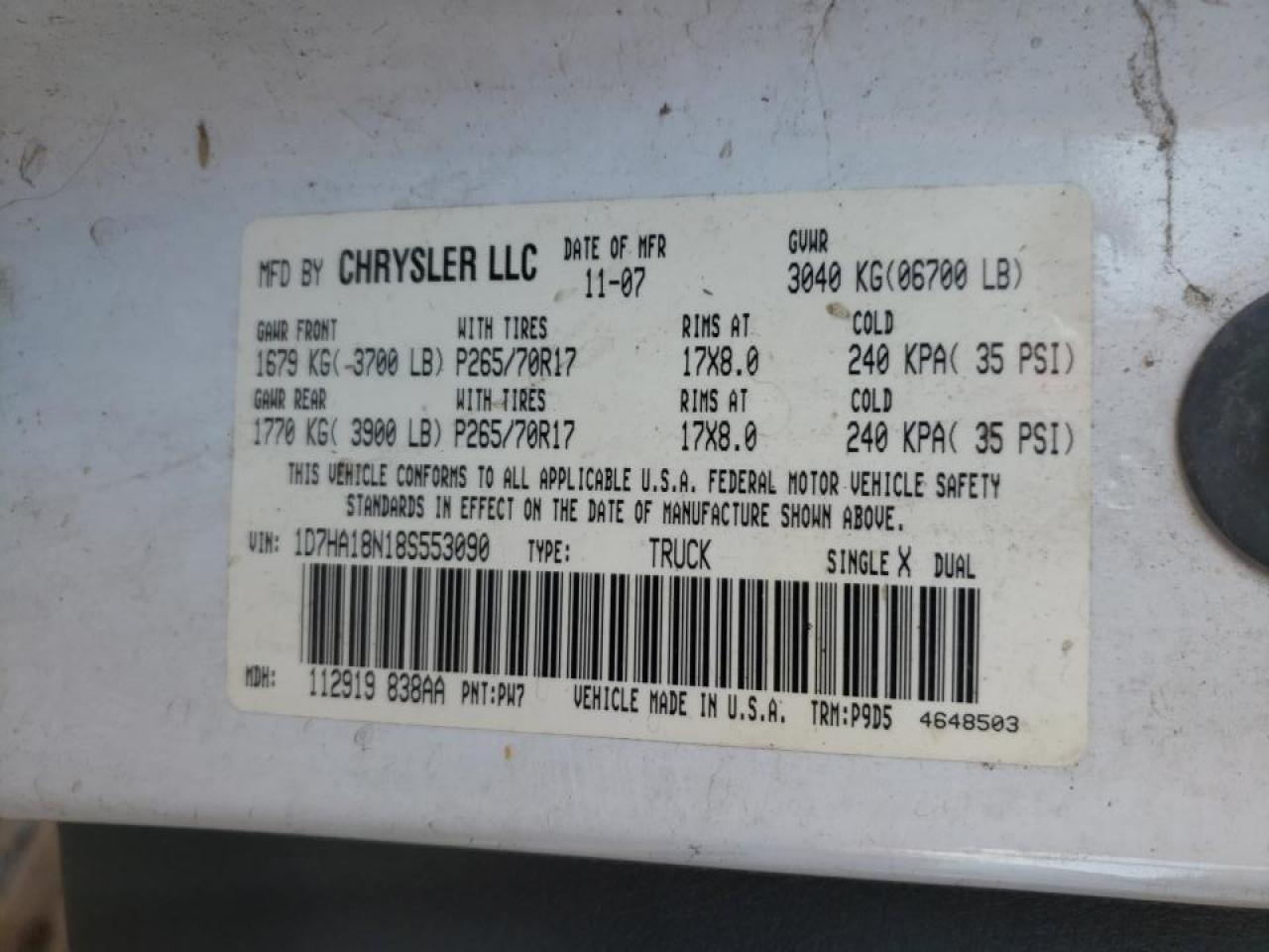 Photo 10 from auction – 2008 DODGE RAM 1500 S with VIN 1D7HA18N18S553090