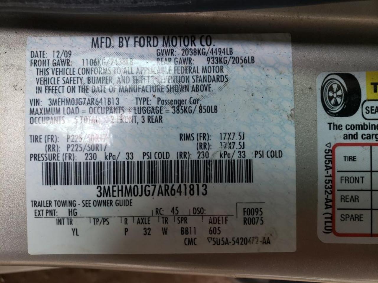 Photo 10 from auction – 2010 MERCURY MILAN PREM with VIN 3MEHM0JG7AR641813