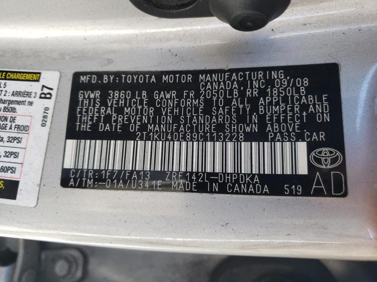Photo 10 from auction – 2009 TOYOTA COROLLA MA with VIN 2T1KU40E89C113228