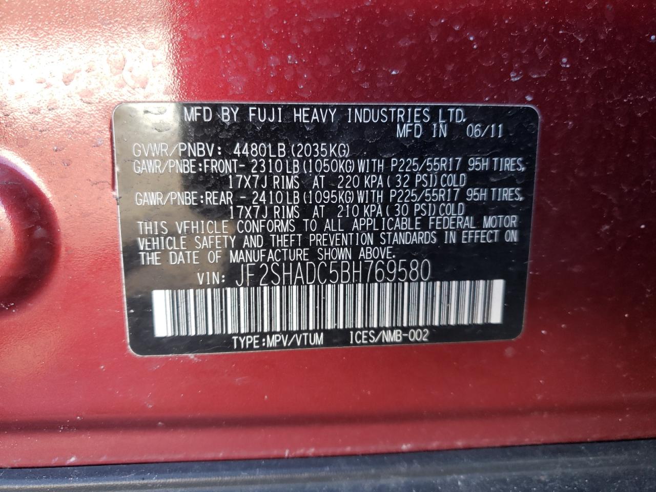 Photo 10 from auction – 2011 SUBARU FORESTER 2 with VIN JF2SHADC5BH769580