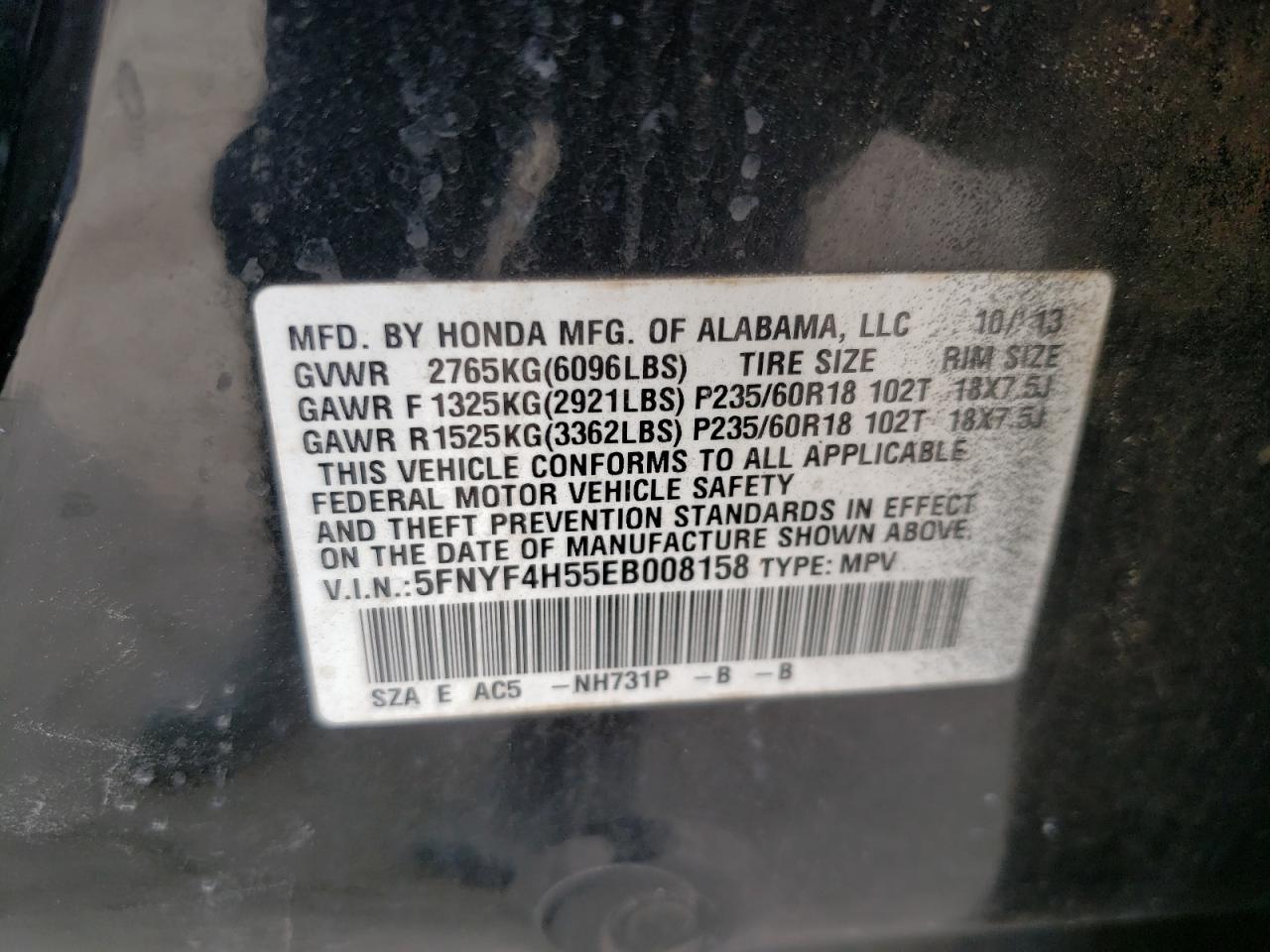 Photo 10 from auction – 2014 HONDA PILOT EXL with VIN 5FNYF4H55EB008158