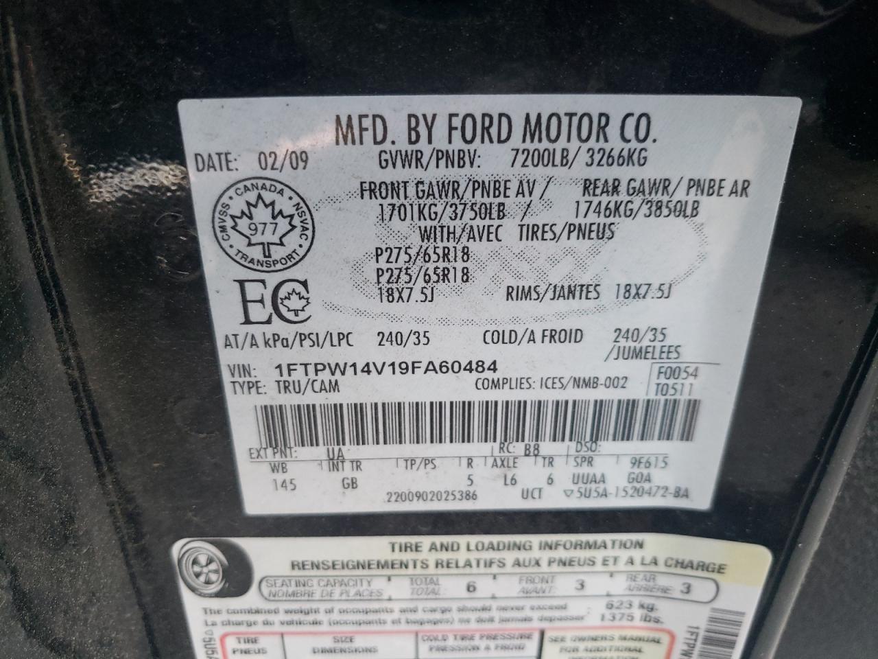 Photo 10 from auction – 2009 FORD F150 SUPER with VIN 1FTPW14V19FA60484