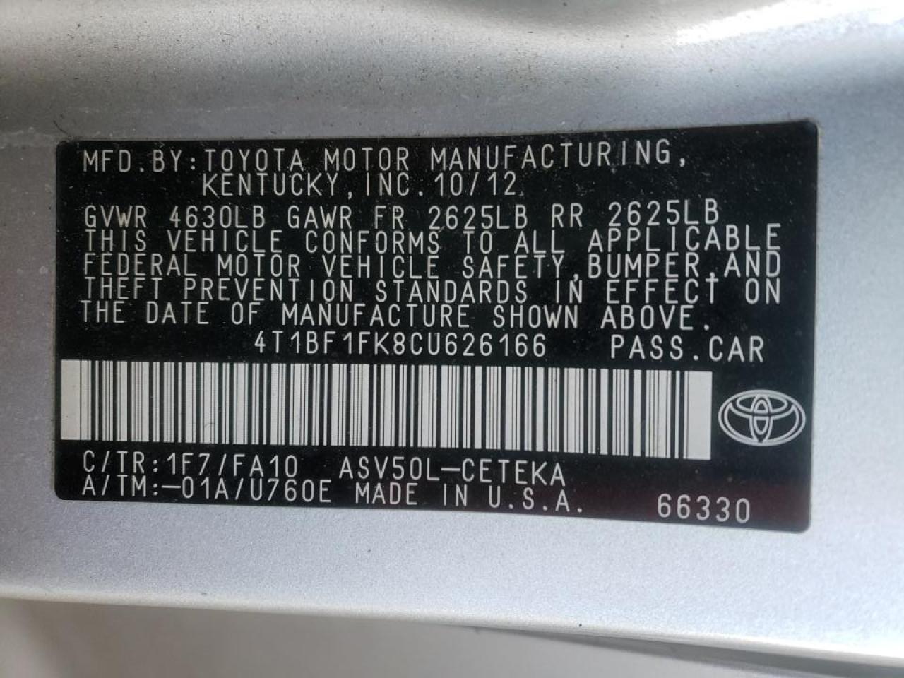 Photo 10 from auction – 2012 TOYOTA CAMRY with VIN 4T1BF1FK8CU626166