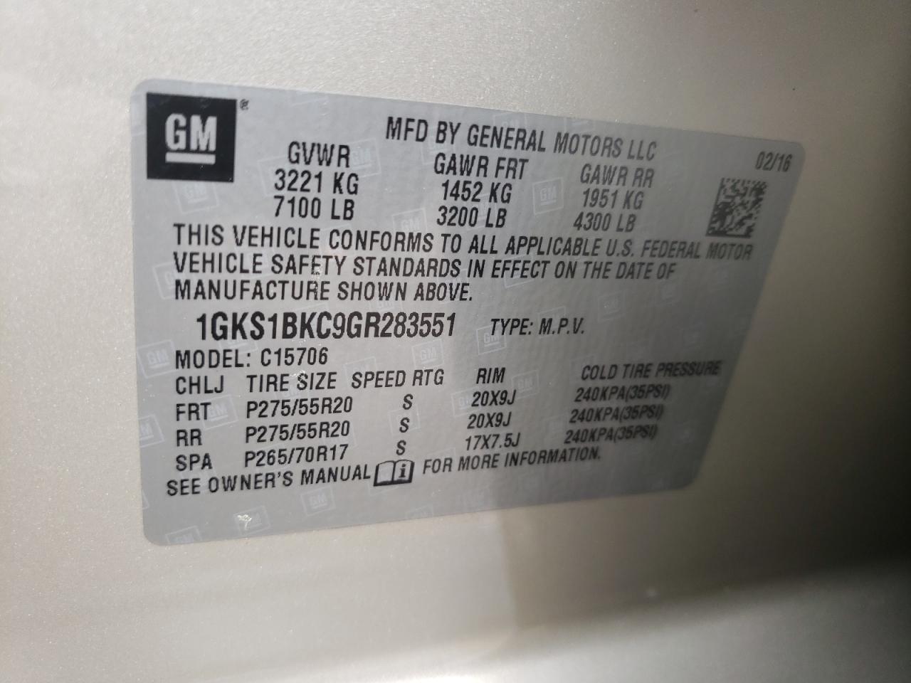 Photo 10 from auction – 2016 GMC YUKON SLT with VIN 1GKS1BKC9GR283551