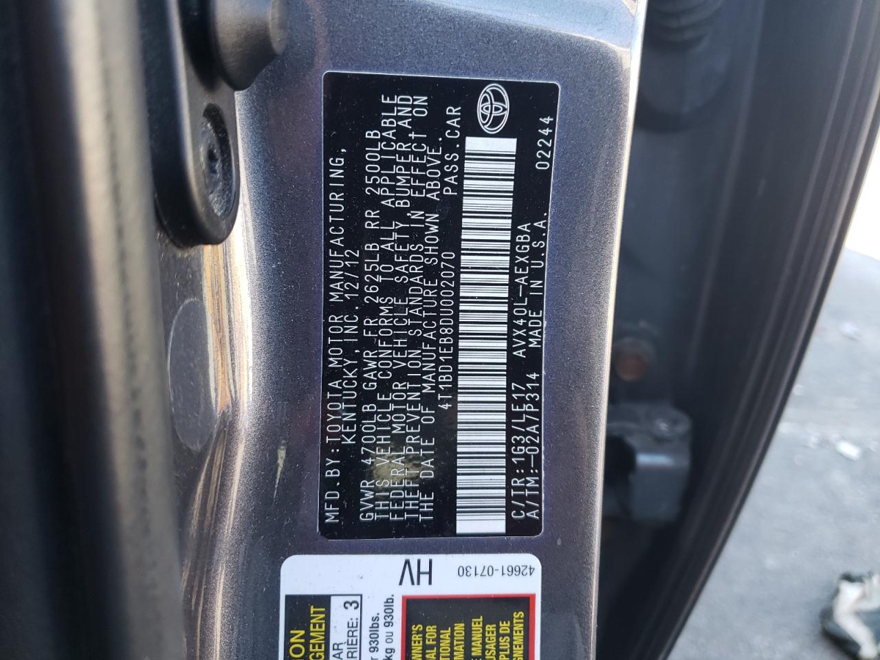 Photo 10 from auction – 2013 TOYOTA AVALON HYB with VIN 4T1BD1EB8DU002070