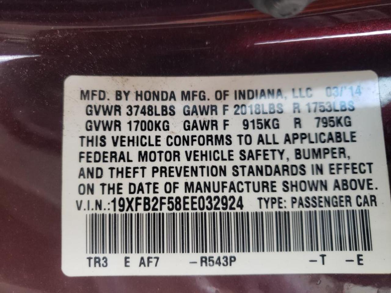 Photo 10 from auction – 2014 HONDA CIVIC LX with VIN 19XFB2F58EE032924