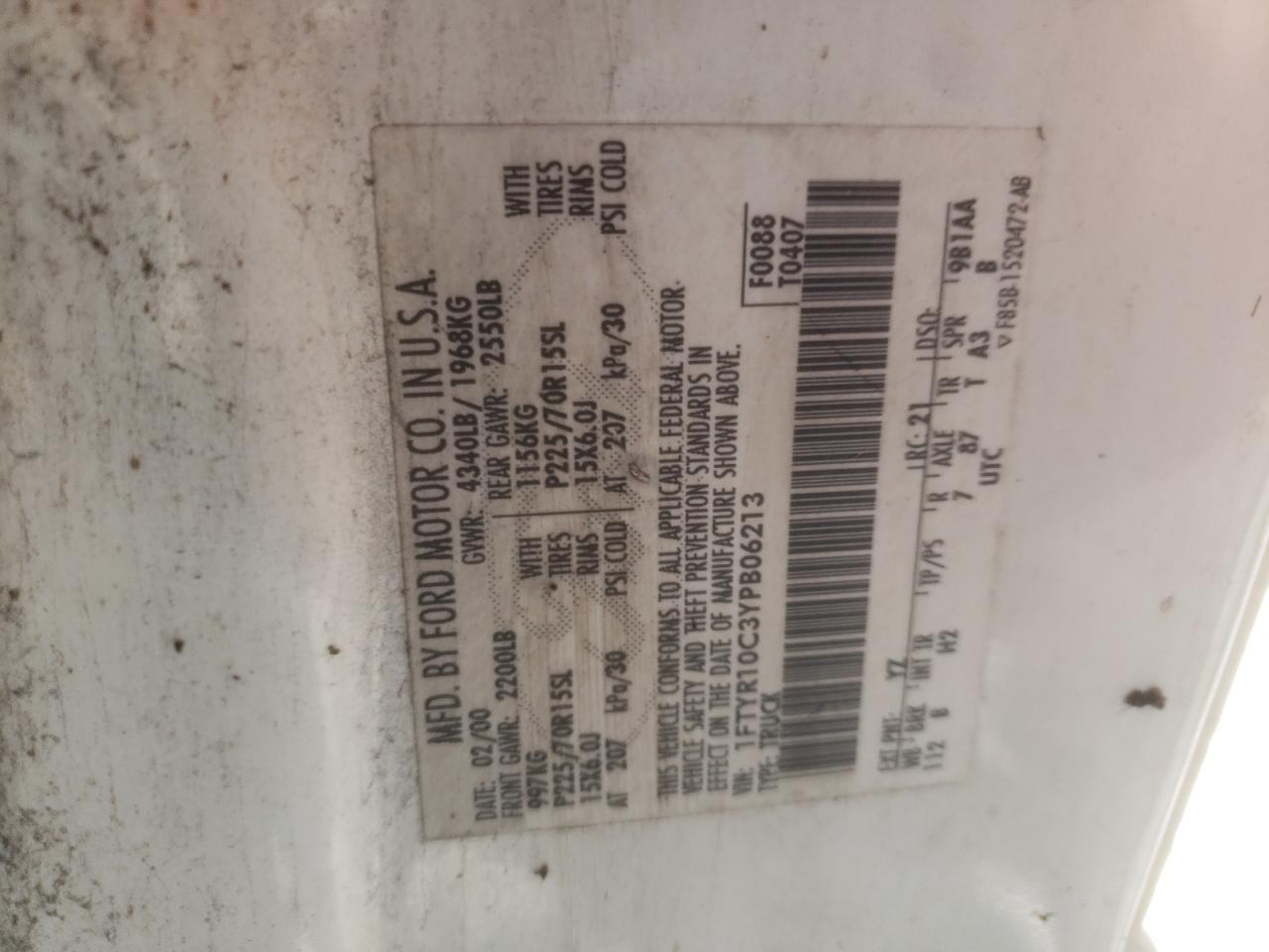 Photo 10 from auction – 2000 FORD RANGER with VIN 1FTYR10C3YPB06213