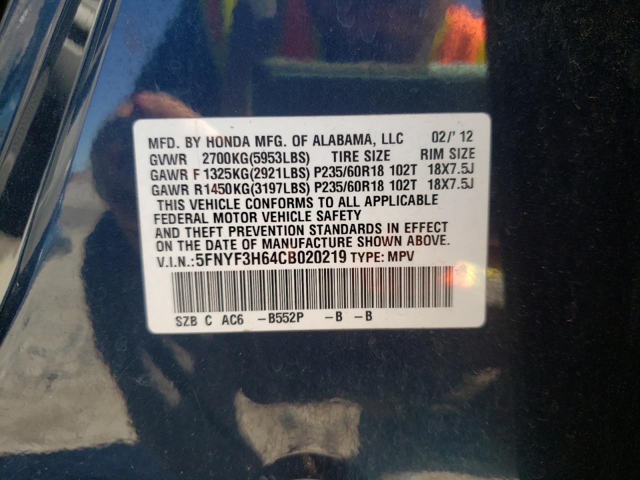 Photo 10 from auction – 2012 HONDA PILOT EXL with VIN 5FNYF3H64CB020219
